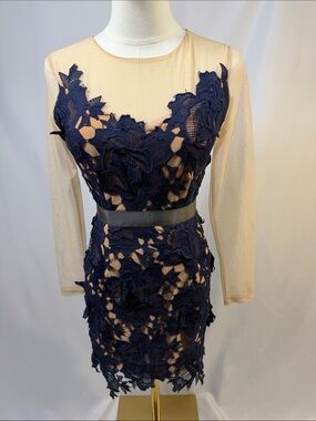 NWOT Black label Akira Chicago Navy Floral Appliqué Long Sleeve Illusion Dress
